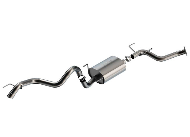 Borla S-Type Cat-Back Exhaust System, full system on a studio background: studio view of a single-exit stainless cat-back with one muffler, bent intermediate pipes, clamps and a turndown tip on white