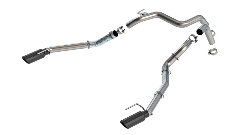 Borla Tail Pipe Kit, complete kit on a studio background: A stainless dual tail pipe kit with clamps and two black chrome tips is laid out on white