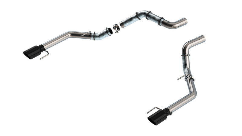Borla Tail Pipe Kit, complete kit on a studio background: A stainless dual tail pipe kit with clamps and two black chrome tips is laid out on white