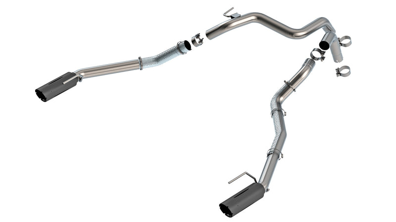 Borla Tail Pipe Kit, complete kit on a studio background: A stainless dual tail pipe kit with clamps and two dark tips is laid out on white