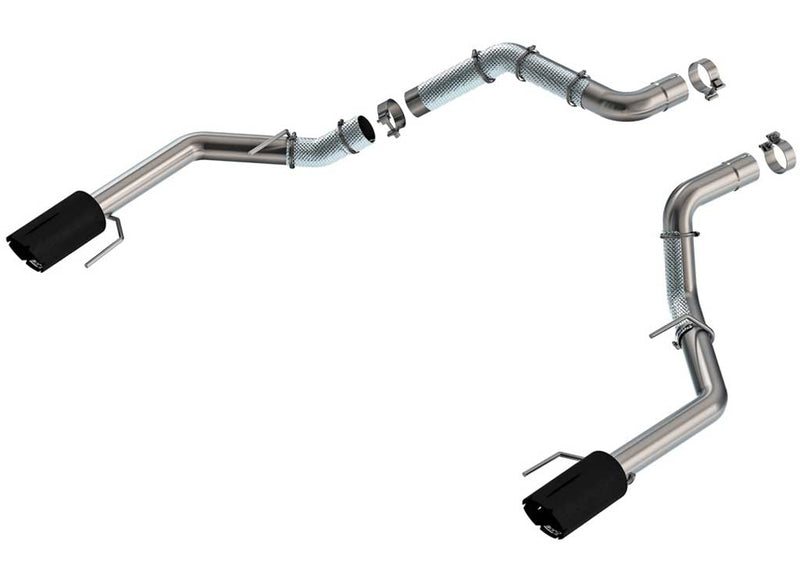 Borla Tail Pipe Kit, complete kit on a studio background: A stainless dual tail pipe kit with clamps and two black-coated tips is laid out on white
