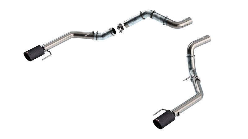 Borla Tail Pipe Kit, complete kit on a studio background: A stainless dual tail pipe kit with clamps and two dark carbon fiber tips is laid out on white