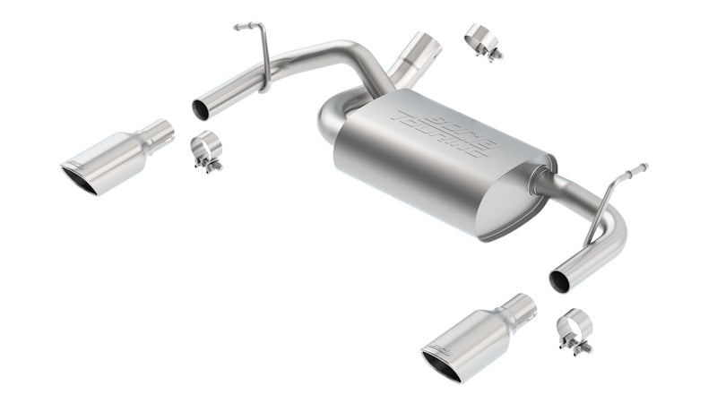 Borla Touring Axle-Back Exhaust System, full system on a studio background: stainless axle-back exhaust laid out with one muffler, pipes, clamps and two polished tips on a white background