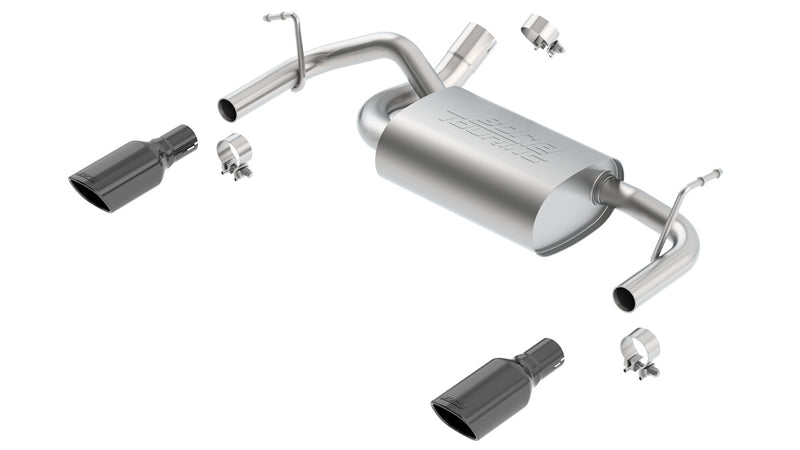 Borla Touring Axle-Back Exhaust System, full system on a studio background: stainless axle-back exhaust laid out with one muffler, pipes, clamps and two black chrome tips on a white background