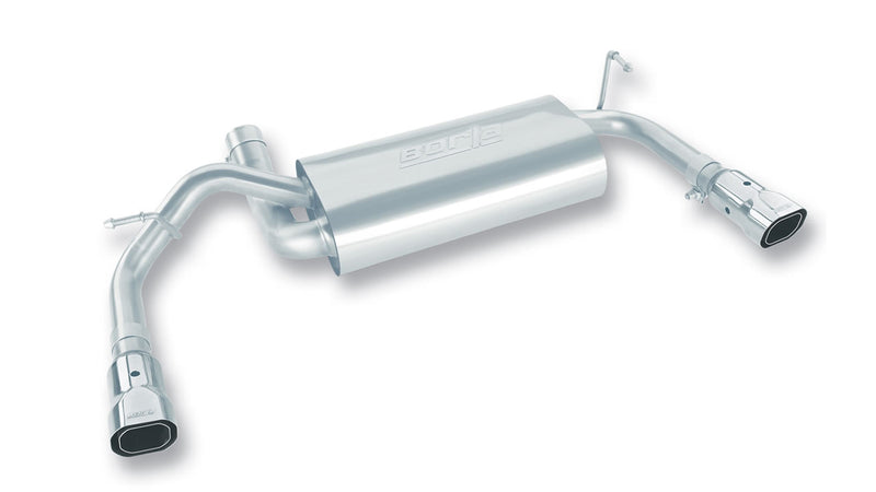 Borla Touring Axle-Back Exhaust System, full system on a studio background: stainless axle-back exhaust with a single transverse muffler and two polished tips on a white background