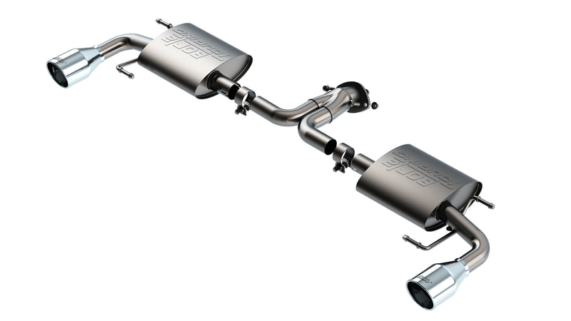 Borla Touring Axle-Back Exhaust System, full system on a studio background: stainless axle-back exhaust with two mufflers, connecting pipe, clamps and two polished tips on a white background