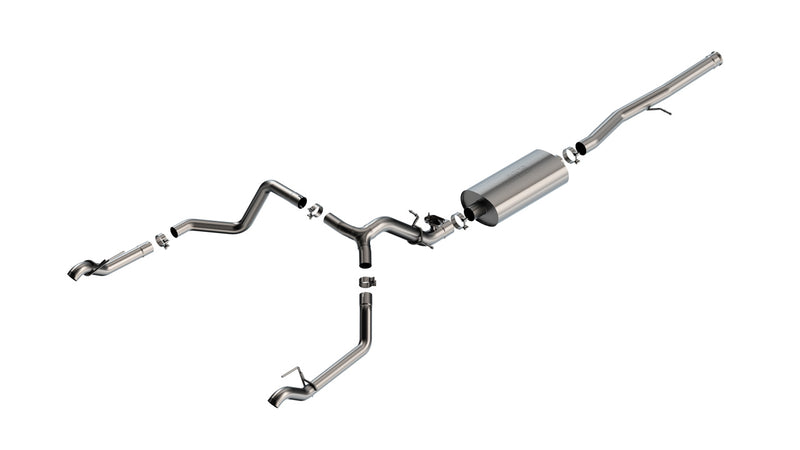 Borla Touring Cat-Back Exhaust System, full system on a studio background: exploded stainless cat-back exhaust system with a single muffler, Y-pipe and two polished-tip tailpipes on a white background