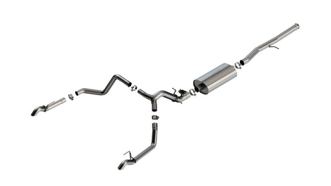 Borla Touring Cat-Back Exhaust System, full system on a studio background: exploded stainless cat-back exhaust system with a single muffler, Y-pipe and two polished-tip tailpipes on white