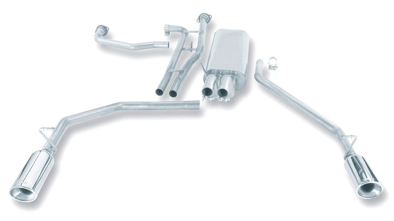 Borla Touring Cat-Back Exhaust System, full system on a studio background: exploded studio view of a dual-exit stainless cat-back with one muffler, split pipes, clamps and two polished tips on white
