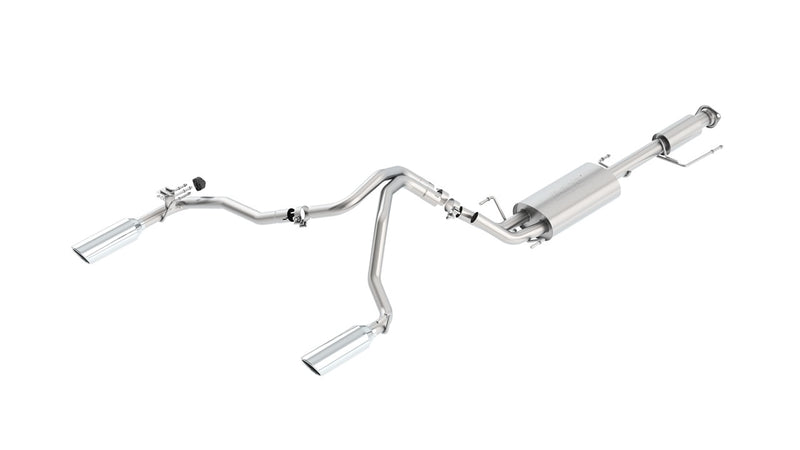 Borla Touring Cat-Back Exhaust System, full system on a studio background: exploded studio view of a long stainless cat-back with one muffler feeding split pipes and two polished tips