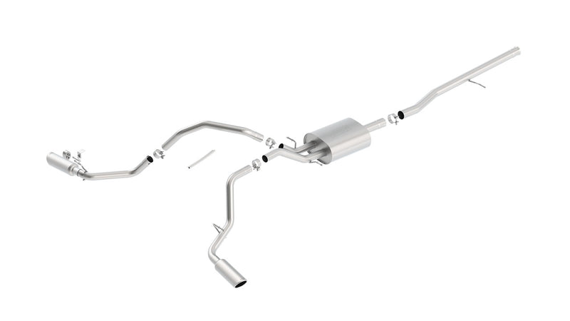 Borla Touring Cat-Back Exhaust System, full system on a studio background: exploded studio view of a stainless cat-back exhaust with one muffler and dual split rear polished tips on white
