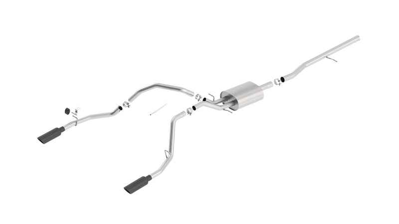 Borla Touring Cat-Back Exhaust System, full system on a studio background: exploded studio view of a stainless cat-back exhaust with one muffler and dual split rear black chrome tips on white