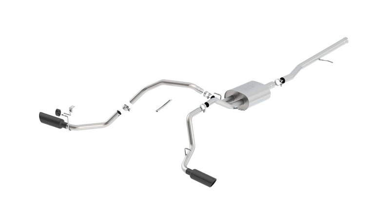 Borla Touring Cat-Back Exhaust System, full system on a studio background: exploded studio view of a stainless cat-back exhaust with one muffler and dual split rear black chrome tips on white