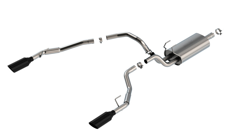 Borla Touring Cat-Back Exhaust System, full system on a studio background: exploded studio view of a stainless cat-back exhaust with one muffler and dual split rear black chrome tips on white
