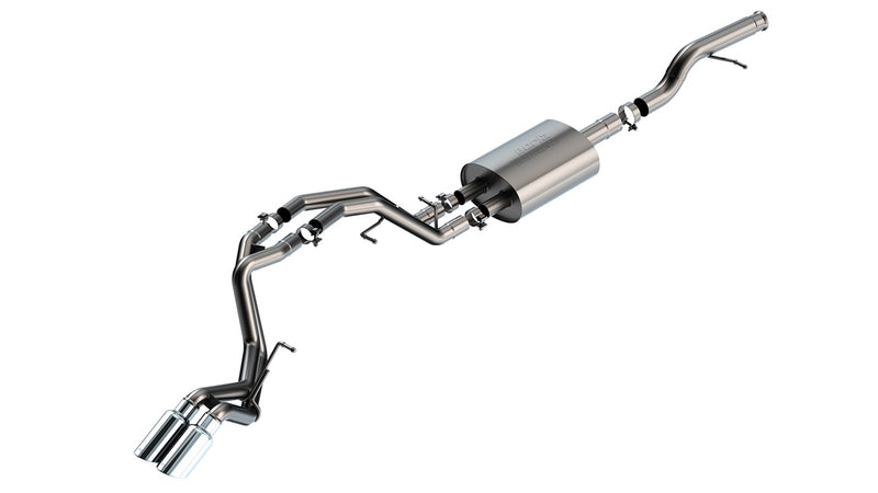Borla Touring Cat-Back Exhaust System, full system on a studio background: stainless cat-back exhaust on white with one muffler and twin tailpipes ending in paired polished tips