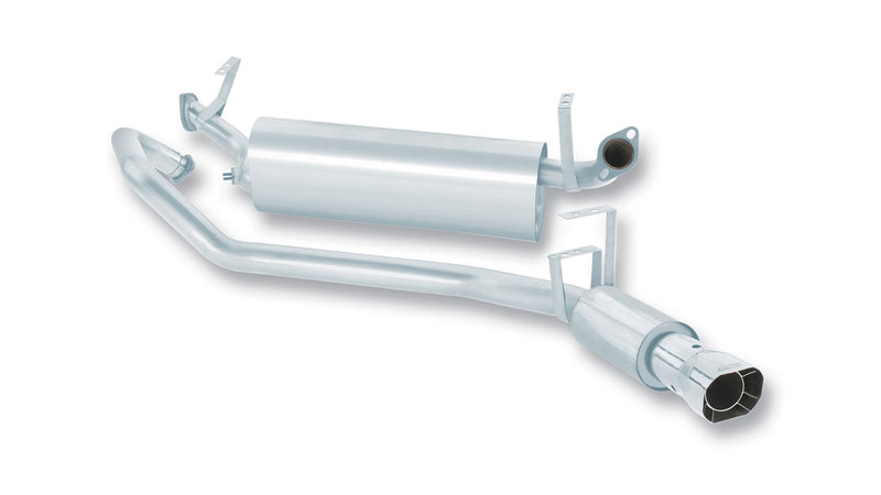 Borla Touring Cat-Back Exhaust System, full system on a studio background: stainless cat-back exhaust with a long muffler, inlet pipe and tailpipe ending in a polished angle-cut tip on white