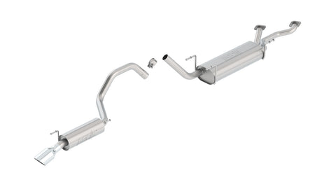Borla Touring Cat-Back Exhaust System, full system on a studio background: stainless cat-back exhaust with a muffler, mid pipe and tailpipe ending in a polished tip laid out on white