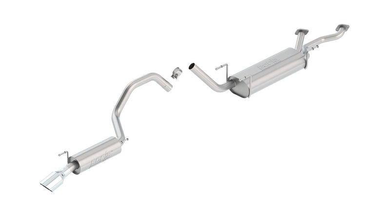 Borla Touring Cat-Back Exhaust System, full system on a studio background: stainless cat-back exhaust with a muffler, mid pipe and tailpipe ending in a polished tip laid out on white