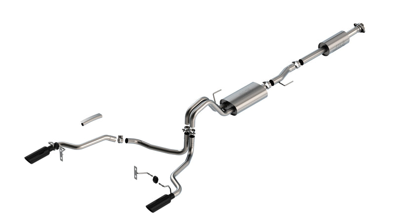 Borla Touring Cat-Back Exhaust System, full system on a studio background: stainless dual-exit cat-back exhaust on white with two mufflers and two black chrome tips