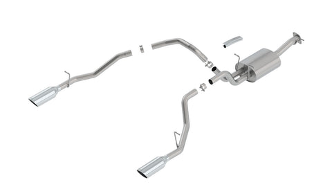 Borla Touring Cat-Back Exhaust System, full system on a studio background: stainless dual rear-exit cat-back exhaust laid out on white with one muffler and two polished angle-cut tips