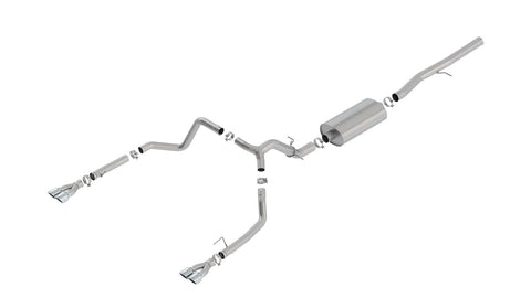 Borla Touring Cat-Back Exhaust System, full system on a studio background: stainless dual rear-exit cat-back exhaust on white with one muffler and paired polished tips at each exit