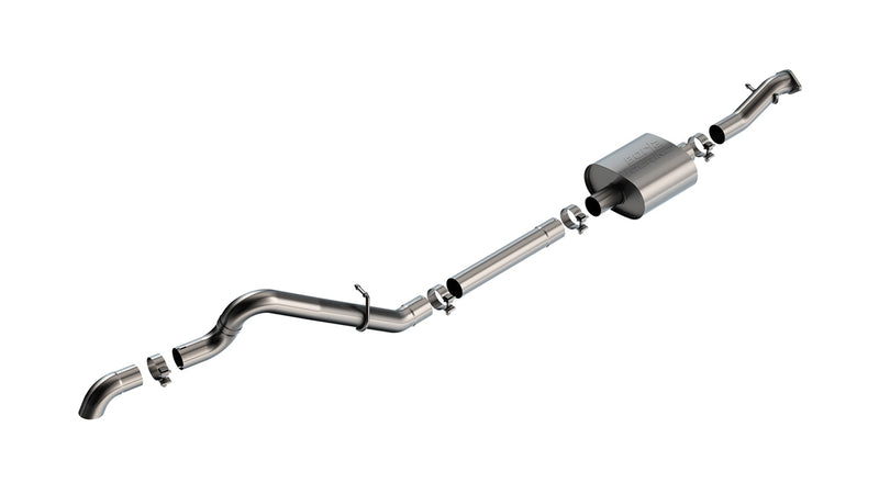 Borla Touring Cat-Back Exhaust System, full system on a studio background: stainless single-exit cat-back exhaust on white with one muffler and a turned-down tailpipe end