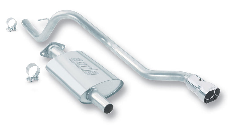 Borla Touring Cat-Back Exhaust System, full system on a studio background: studio layout of a single-exit stainless cat-back with one muffler, a long tail pipe, two clamps and a polished angle-cut tip on white