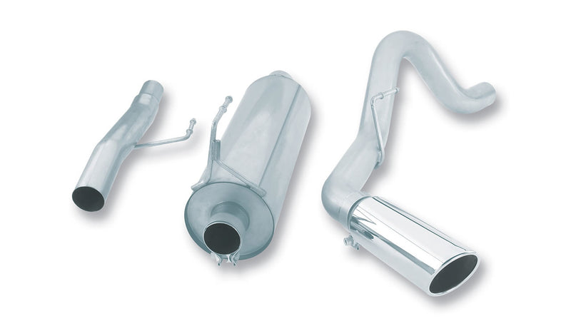Borla Touring Cat-Back Exhaust System, full system on a studio background: studio layout of a stainless cat-back kit with a round-body muffler, inlet pipe, bent tail pipe and one large polished tip on white