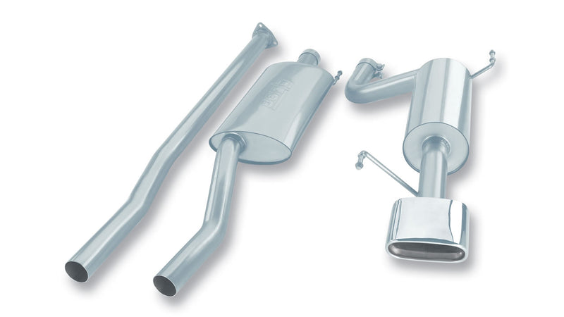 Borla Touring Cat-Back Exhaust System, full system on a studio background: studio layout of a stainless cat-back with pipes, a muffler and one polished rectangular tip on white