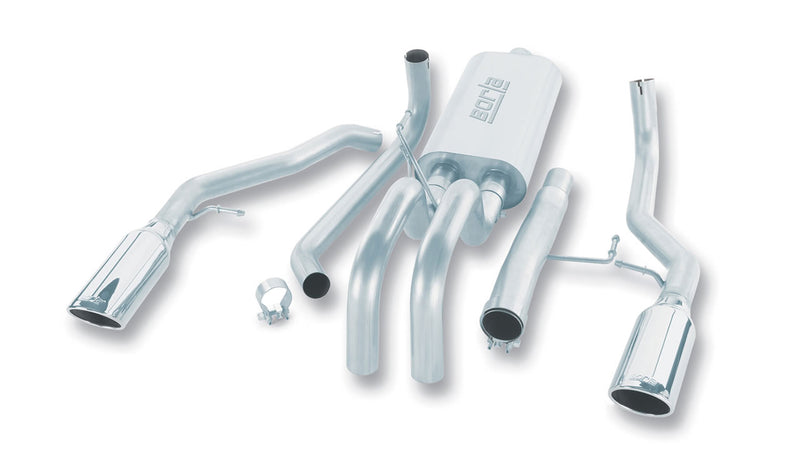 Borla Touring Cat-Back Exhaust System, full system on a studio background: studio layout of a stainless dual exit cat-back with one oval muffler, split pipes, clamps and two polished angle-cut tips