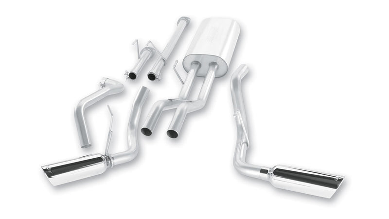 Borla Touring Cat-Back Exhaust System, full system on a studio background: studio layout of a stainless dual exit cat-back with one oval muffler, twin pipes and two polished angle-cut tips