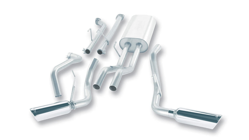 Borla Touring Cat-Back Exhaust System, full system on a studio background: studio layout of a stainless dual exit cat-back with one muffler, twin pipes and two polished angle-cut tips