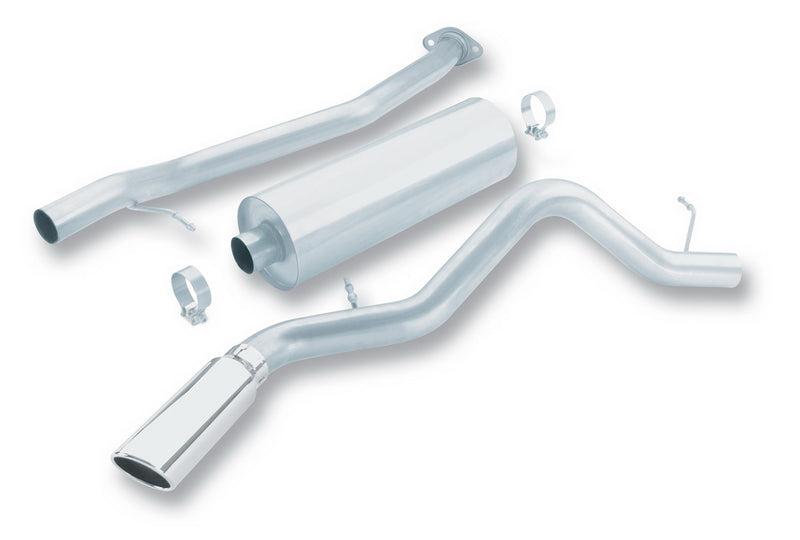 Borla Touring Cat-Back Exhaust System, full system on a studio background: studio render of the Touring cat-back with one muffler and a single polished side-exit tip; same as store image