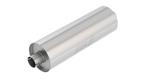 Borla Touring Long Body Muffler, whole part on a studio background: round brushed stainless Borla universal muffler with center inlet and outlet on a white background