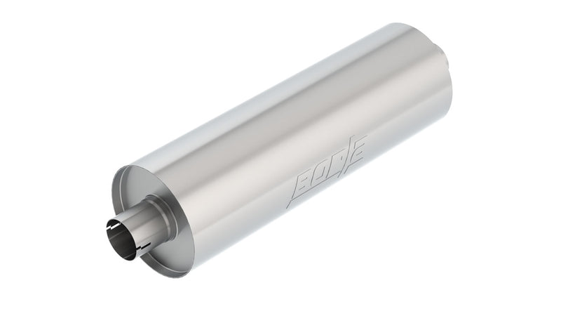 Borla Touring Long Body Muffler, whole part on a studio background: round brushed stainless Borla universal muffler with center inlet and outlet on a white background