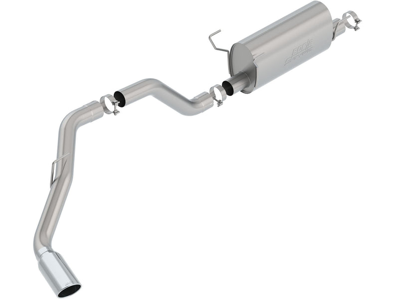 Borla Cat-Back Exhaust System, representative image, whole system on a studio background: single side-exit stainless cat-back with one muffler, bent pipes, clamps and a polished tip on white