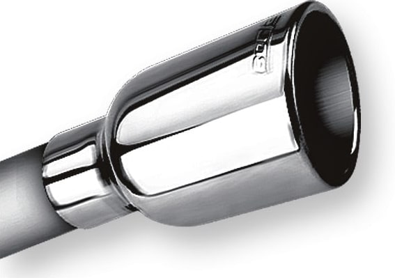 Axle-Back Exhaust Systems by Borla: Close-up of one polished stainless exhaust tip on a white background.