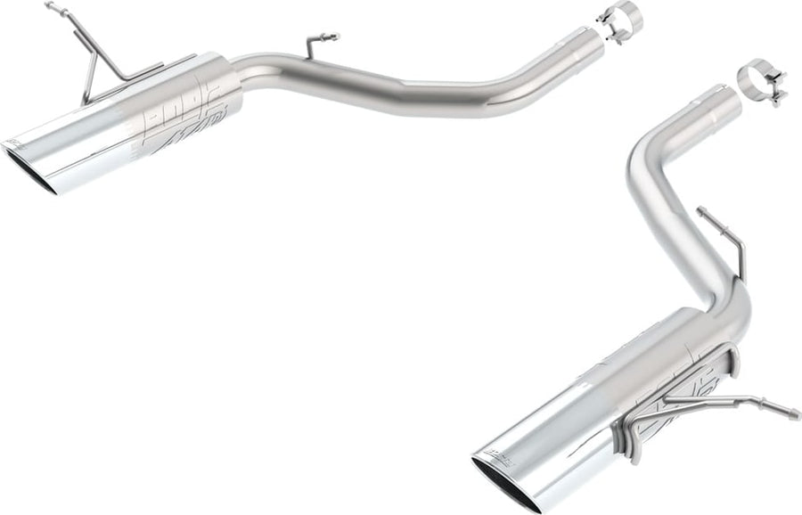 Axle-Back Exhaust Systems by Borla: Two stainless axle-back pipe sections with integrated mufflers and polished tips laid out on white.