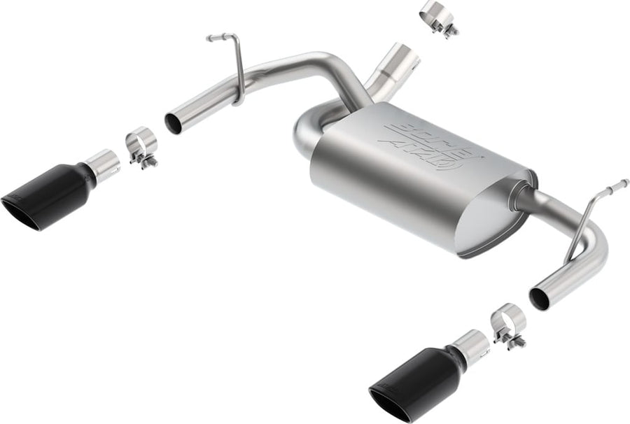 Axle-Back Exhaust Systems by Borla: A dual-exit stainless axle-back exhaust with a center muffler, clamps and two black tips shown exploded on white.