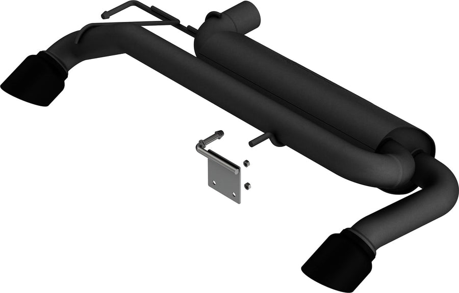 Axle-Back Exhaust Systems by Borla: A black ceramic axle-back exhaust with a muffler, mounting bracket and two black tips on white.