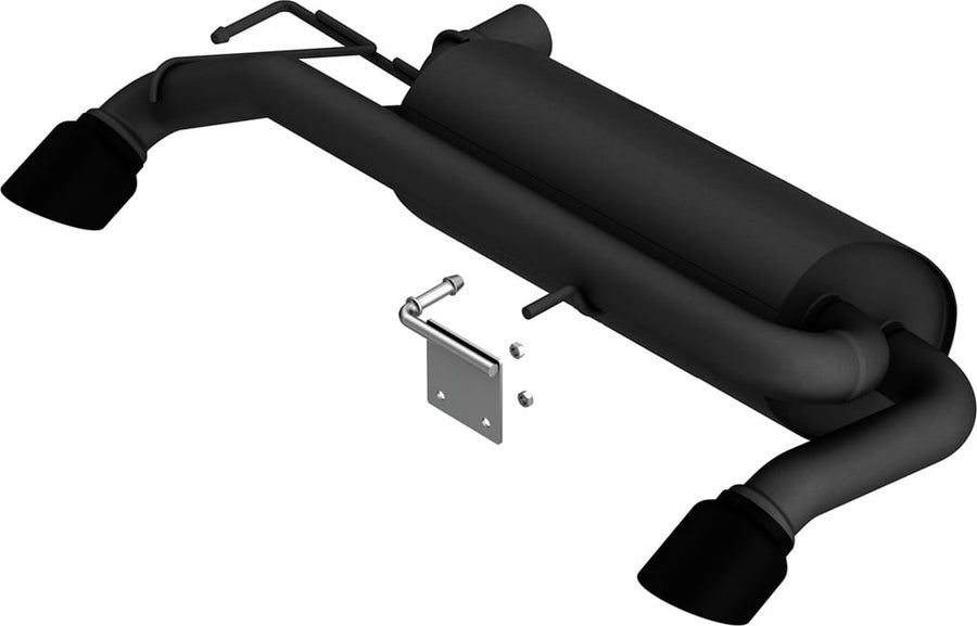 Axle-Back Exhaust Systems by Borla: Black ceramic coated axle-back exhaust with a transverse muffler, mounting bracket and two black tips on a white background.