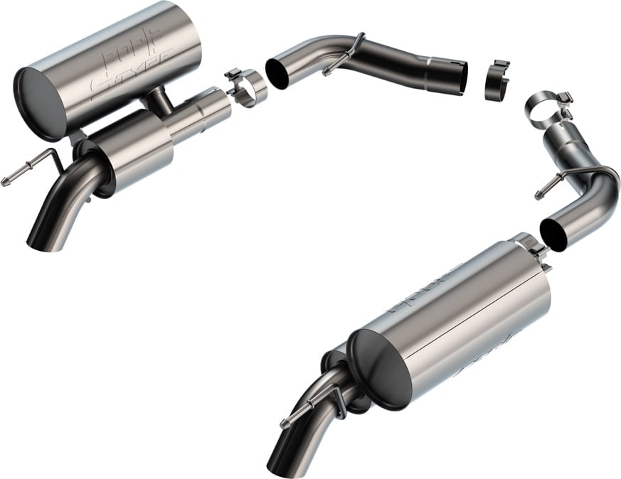 Axle-Back Exhaust Systems by Borla: Stainless axle-back exhaust with two mufflers, connecting pipes, clamps and two dark-finish tips on a white background. Tips read darker than polished; confirm finish.