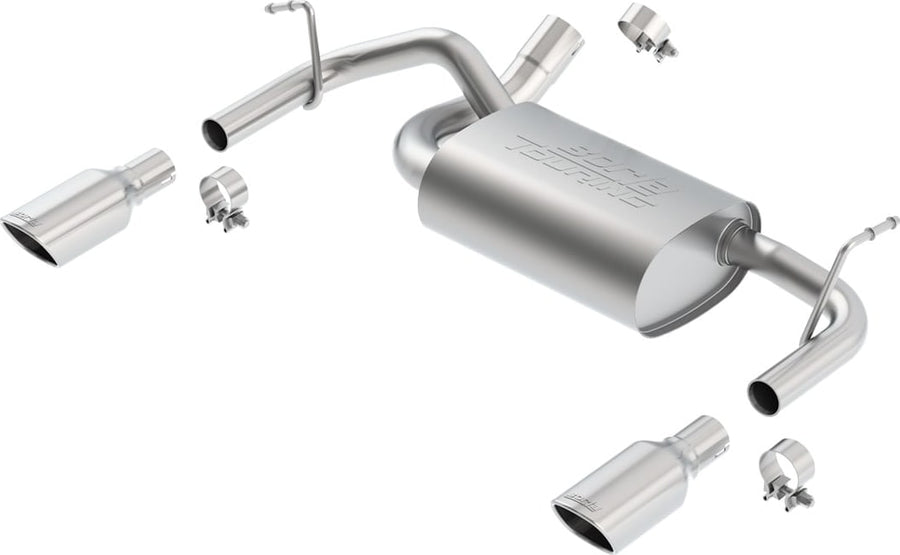 Axle-Back Exhaust Systems by Borla: Stainless axle-back exhaust laid out with one muffler, pipes, clamps and two polished tips on a white background.