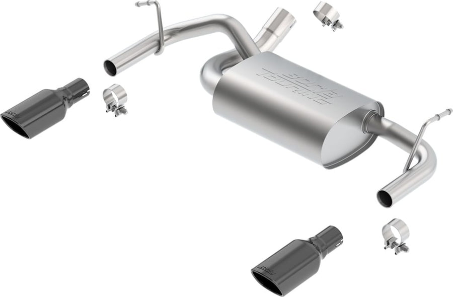 Axle-Back Exhaust Systems by Borla: Stainless axle-back exhaust laid out with one muffler, pipes, clamps and two black chrome tips on a white background.