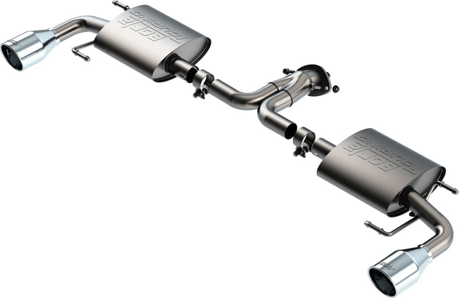 Axle-Back Exhaust Systems by Borla: Stainless axle-back exhaust with two mufflers, connecting pipe, clamps and two polished tips on a white background.