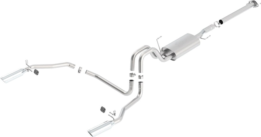 Cat-Back Exhaust Systems by Borla: Stainless cat-back exhaust laid out with a muffler, long pipes, clamps and two polished tips on a white background.