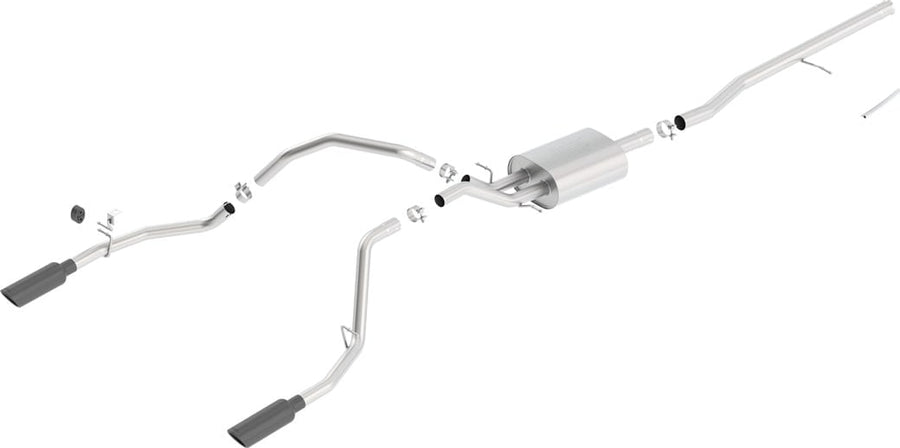 Cat-Back Exhaust Systems by Borla: Stainless cat-back exhaust laid out with a muffler, long pipes, clamps and two black chrome tips on a white background.