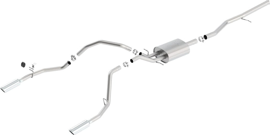 Cat-Back Exhaust Systems by Borla: Stainless cat-back exhaust laid out with a muffler, long pipes, clamps and two polished tips on a white background.