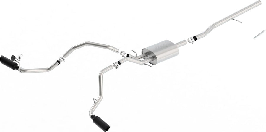 Cat-Back Exhaust Systems by Borla: Stainless cat-back exhaust laid out with a muffler, long pipes, clamps and two black chrome tips on a white background.