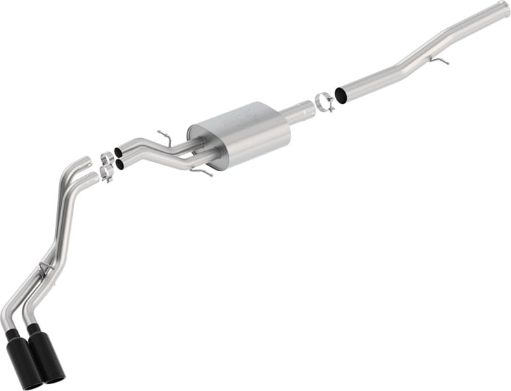 Cat-Back Exhaust Systems by Borla: A stainless cat-back exhaust with one muffler and twin black chrome tips exiting on one side, laid out on a white background.